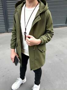 SHEIN Tween Boys' Casual Hooded Mid-Length Thick Woven Jacket, Suitable For School, Garden, Beach, Birthday, Spring, Summer, Autumn, Winter Kids' Back To School Children Place Boy My First Day Of School Boys Kids Boys Teen Boys First Day Of School Tween Boys Mommy And Me For Kids Winter Autumn Fall