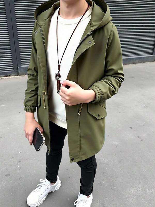 SHEIN Kurtka z kapturem dla chłopców, średniej długości, z grubego materiału, idealna do szkoły, ogrodu, na plażę, na urodziny, na wiosnę, lato, jesień i zimę