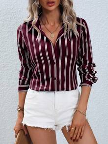 EMERY ROSE Women's Striped Button-Front Long Sleeve Shirt, Suitable For Commuting In Autumn Fall Cloth For Women - Red Violet - View 5