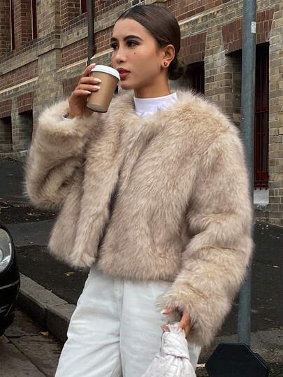 DAZY 女士短款纯色长袖开襟宽松仿皮草外套