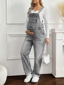 SHEIN 孕妇休闲水洗口袋直筒牛仔背带裤 - 深色水洗藍 - 查看 7