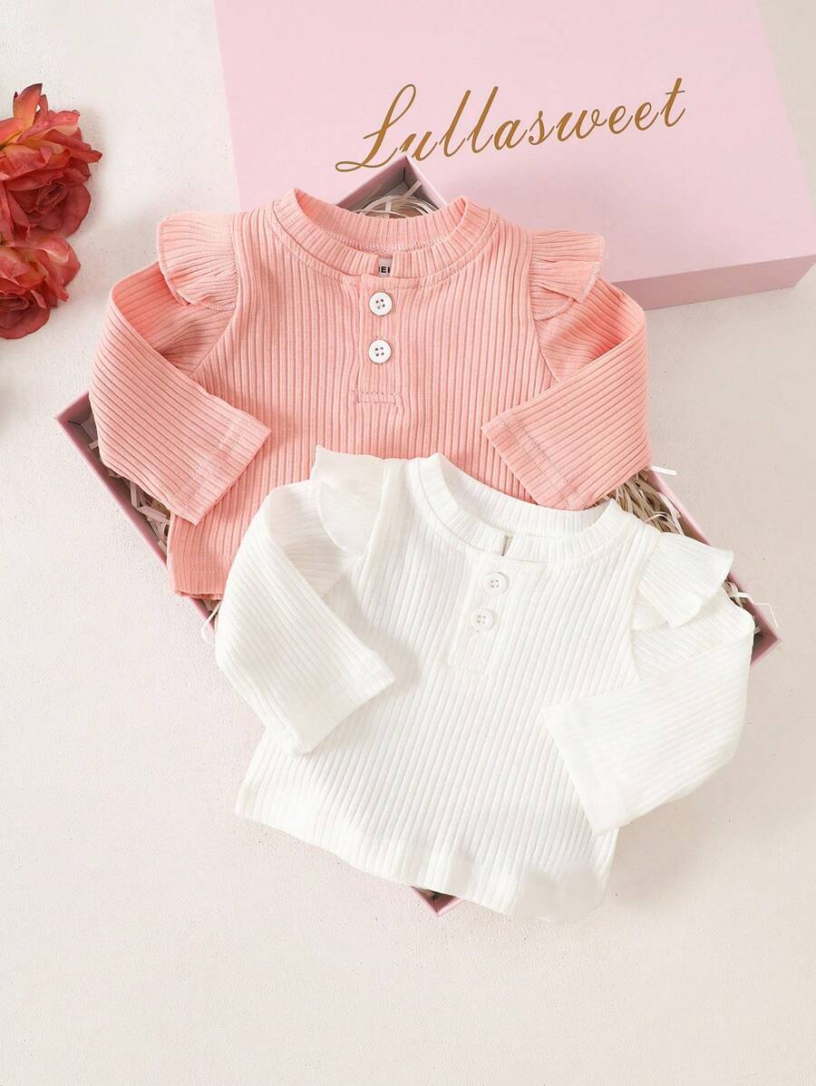 SHEIN 2pcs Baby Girl Cute Knitted Sweater With Ruffle Sleeves, Autumn/Winter