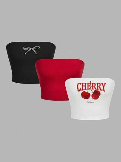 SHEIN EZwear 3 piezas Tops de camisola casual ajustada con estampado de cerezas, moño y decoración de rhinestones, adecuado para el verano