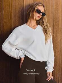 GLOWMODE Modal Get Comfy Ultra-Soft Smooth Loose Fit Adjustable Hem V-Neck Pullover Daily Casual Wear Fall Winter - White - View 4