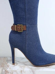 SHUZIA Denim Pointy Toe Knee High Boots - Blue - View 3
