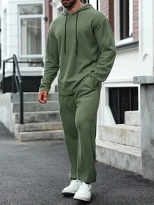 Manfinity Homme 男士优质纹理休闲连帽衫套装，弧形下摆，送给男朋友或丈夫的完美礼物，INS 风格 - 軍綠色 - 查看 4