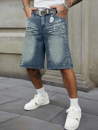Street Life Short en jean ample pour hommes avec ornements de strass
