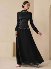 Graceveil Women's Satin Patchwork Mock Neck Pearl Decor Luxury Vintage Elegant Dress Fall Cloth For Women - Black - View 7