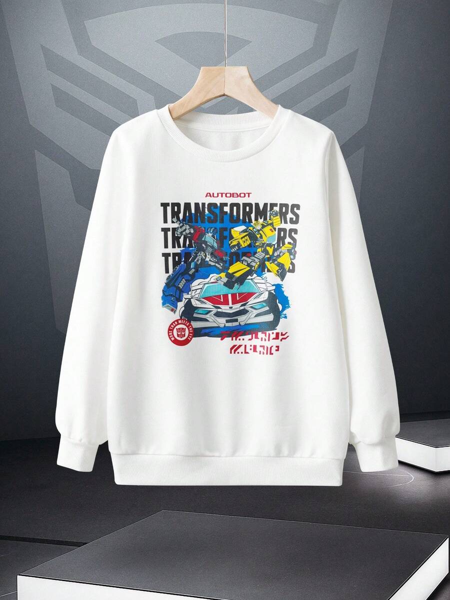 Transformers X SHEIN Sudadera de cuello redondo de manga larga con estampado de letras y dibujos animados para niño preadolescente - Blanco - Ver 1