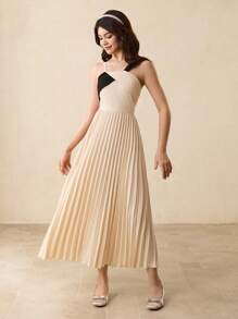 少女细肩带褶饰拼布后背褶皱腰修身优雅派对连衣裙，适合万圣节、圣诞节 - 杏色 - 查看 3