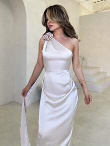 Jemour Elegantes & Sexy Französisches Satinband Schräger Schulter Ausschnitt 3D Blumen Taille Geraffter Volant Figurbetontes Bodycon Kleid - Aprikosenfarben - Übersicht 3