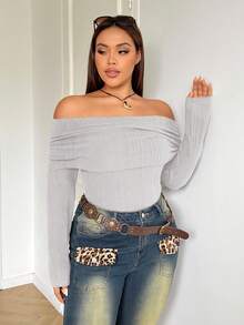 SHEIN EZwear 大码女式休闲露肩修身T恤，浅灰色，秋季 - 淺灰色 - 查看 6