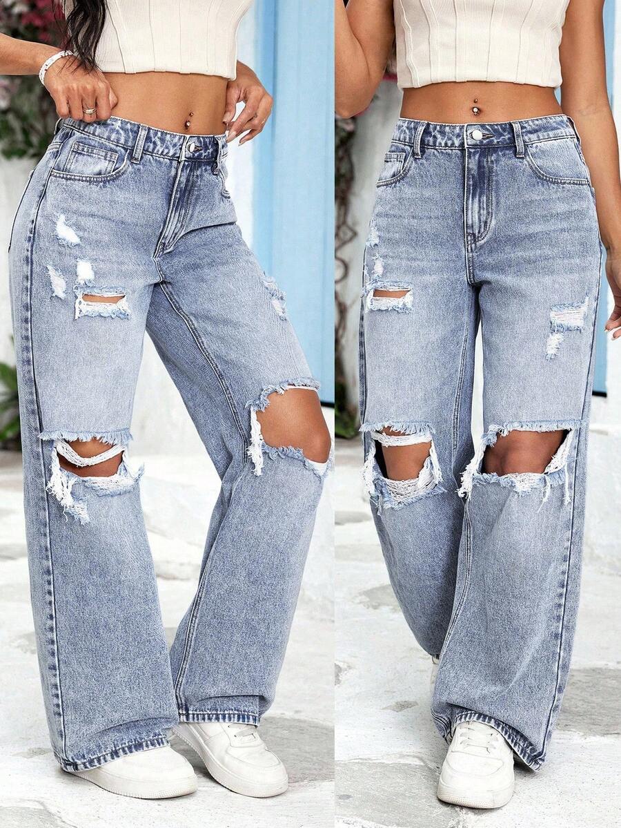 SHEIN ICON Plus Size Women Vacation Style Distressed Straight Leg Jeans - Dusty Blue - View 1