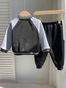 Set de chaqueta y pantalones de chándal de 2 piezas para bebés niños, con diseño de bloques de color, mangas raglán, forro térmico grueso y cómodo, para otoño/invierno - Negro - Ver 2