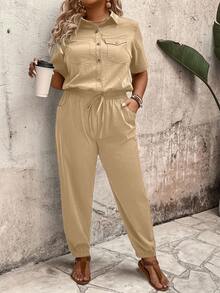 Linhara Áo liền quần ống rộng có nút cài và túi dành cho nữ cỡ lớn - Màu Khaki - Xem 5