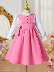 Young Girl'Elegant Cute Sweet Dress,Blush Pink,Autumn,Formal,Party,Floral Collar,Pleated Bust,Elastic Cuff,Detachable Bow Waist Fall Winter Dress - Pink - View 3