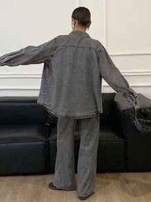 DAZY 秋冬新款宽松休闲做旧洗水女式牛仔套装 - 灰色 - 查看 5