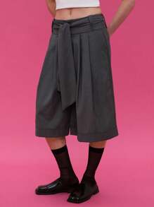 COUREZ Long Line Tailored Shorts With Front Tie /Y2K Going Out Cute Spring Elegant - Grey - View 4