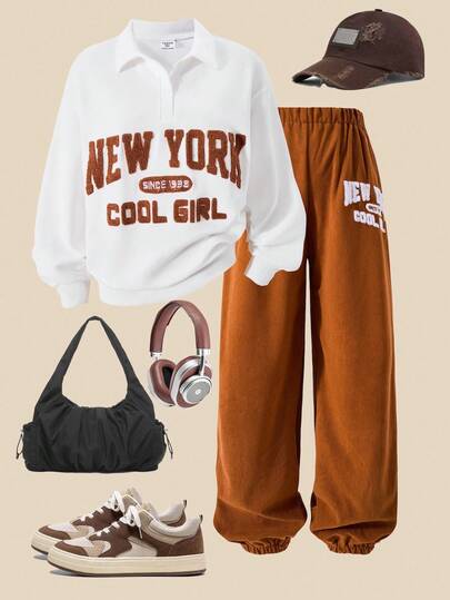 SHEIN Explorewe Casuvi Kid Teen Girls 2-Piece Set: Long Sleeve POLO Collar Outfit With English Graphic Embroidery, Sports Casual, Solid Ribbed Fabric Long Sleeve POLO + Corduroy Drawstring Pants, Retro American Style For Autumn/Winter Fall