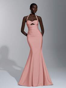 Elitara 优雅奢华粉色弹力针织泳衣，搭配褶皱镂空美人鱼裙，适合婚礼、派对、度假、庆典、伴娘礼服（成人） - 藕粉色 - 查看 4