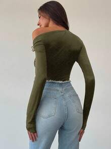 Aloruh Black Sophisticated Modern One Shoulder Long Sleeve Twist Metal Decor Bodysuit For Women,Fall - Army Green - View 2