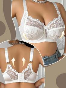 DesireSculpt 1pc Plus Size Lace Patchwork Underwire Bra, Lift - White - View 3