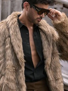 Manfinity VCAY Chaqueta casual de manga larga con pelaje sintético para hombre, abrigo de piel sintética esponjoso para hombre en otoño/invierno, abrigo de piel sintética esponjoso y mullido para hombre - Marrón Chocolate - Ver 2