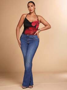 SHEIN BAE Plus Size Casual Minimalist Draped Neck Blue Floral Print Tie Front Fitted Blouse, Suitable For Vacation, Beach, Spring Break Girls Trip, Back To School Beach Wear/Tank Top/Holiday Vest, Suitable For Early Autumn/Back To School/Going Out /Festival Outfits Women/Autumnfall/Wedding Guest Dress Women Plus Size/Formal Dresses For Women/Top For Women Elegant/Summer Top /Birthday Cami/Homecoming Top/Off Shoulder/Halloween Costume/Club Outfits Women Sexy/Christmas/Plus Size Top/Red Top