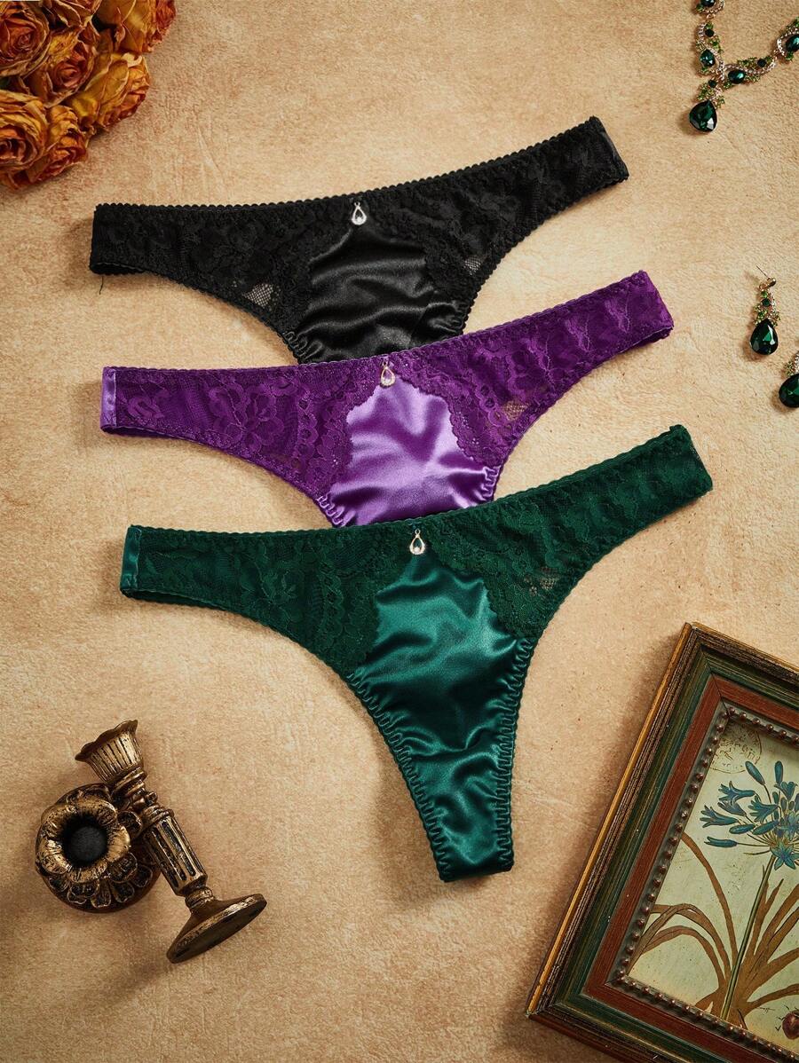 3件套女士性感蕾丝拼接复古丁字裤套装 - 彩色 - 查看 1