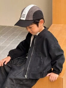 SHEIN Kurtka jeansowa dla chłopców z długimi rękawami i obniżonymi ramionami w kolorze czarnym