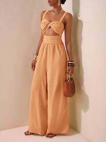 Zivah 2025新款春夏休闲度假扭纹吊带镂空后背纹理面料女长款阔腿裤卡其色婚礼季音乐节派对街头沙滩海边度假波西米亚风-A - 咖啡棕 - 查看 6