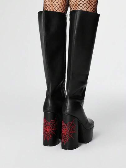 Grunge Punk Women's Outdoor Square Toe Thick High Heel Waterproof Platform Boots, Red Spider Web Embroidery, Black PU Material, Fashion Comfortable Nightclub Party Side Zipper Boots, Halloween