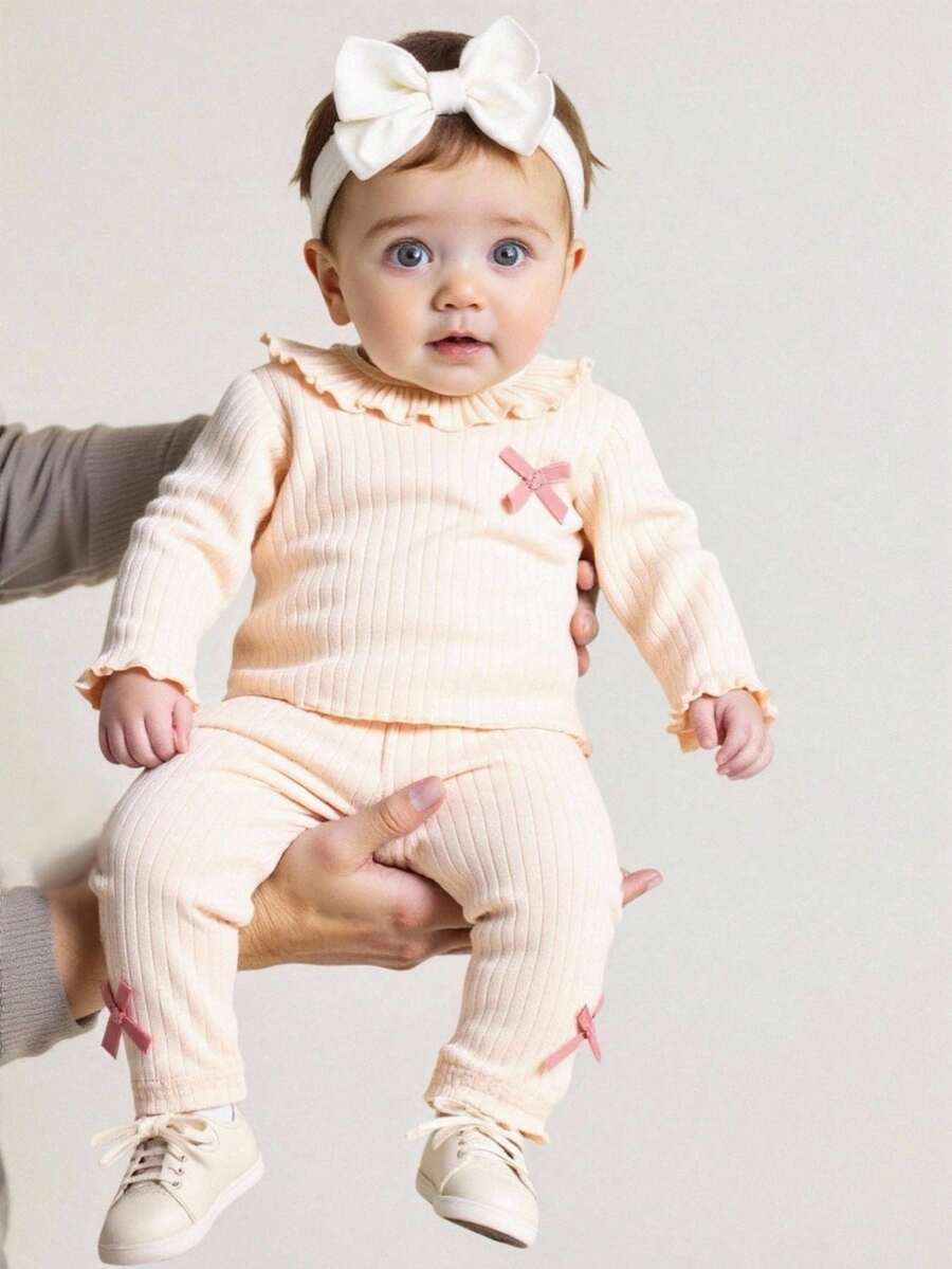 新生儿秋冬圆领蝴蝶结纯棉柔软舒适简约长袖上衣和裤子套装 - 杏色 - 查看 1