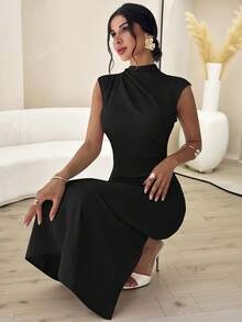 Firerie 女士优雅简约休闲日常通勤度假时尚新款小立领垂坠袖收腰杏色长款连衣裙，夏季 - 黑色 - 查看 2