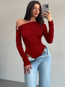 Aloruh 黑色精致现代单肩长袖扭纹金属装饰女式紧身衣 - 酒紅色 - 查看 8
