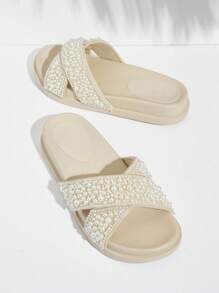 SHUZIA Pearl Bead Criss Cross Strap Footbed Sandal - Green - View 4