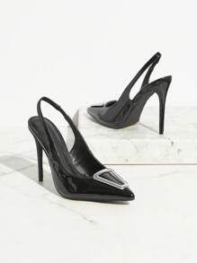 SHUZIA 女款黑色後背繫帶尖頭高跟春季時尚PU皮革泵 - 黑色 - 查看 3