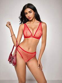 Women's Sexy Mesh Polka Dot Lingerie Set, Sheer Seductive Bra And Panty Set - Red - View 5