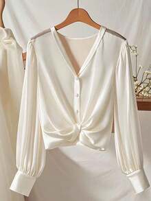 GlowEve Áo sơ mi nữ dệt kim đi làm thường ngày mùa thu - Màu be - Xem 1