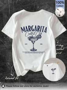 Tseoso Casual Crew Neck Retro Cocktail English Print Fitted Women T-Shirt, Suitable For Summer, Airport, And Street Wear - White - View 7