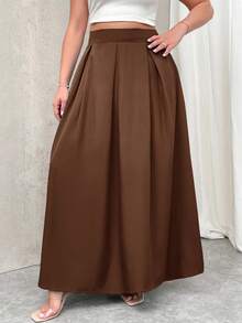 Firerie Damen Große Größen Grau Hohe Taille Maxi Plissee A-Linie Rock mit Taschen, Elastischer Bund, Herbst Schulanfang - Rostbraun - Übersicht 5