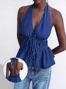 Maija Atasan Denim Biru Wanita dengan Punggung Terbuka dan Leher Halter, Atasan Tanpa Punggung Seksi untuk Liburan - Dark Wash - View 2