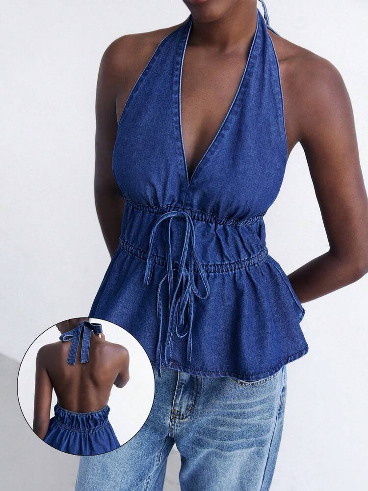 SHEIN Maija Women's Blue Denim Top With Open Back And Halter Neck, Sexy Backless Top For Vacation
