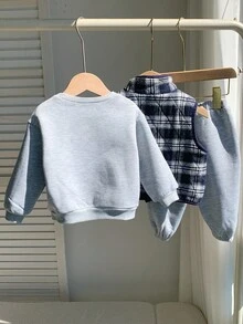 3 件套男婴/女婴休闲舒适百搭圆领运动衫 + 运动裤套装，厚绗缝背心夹克分层运动服，秋冬 - 彩色 - 查看 9