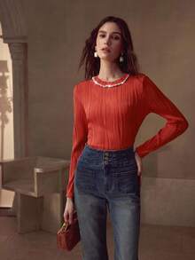 MOTF PREMIUM FAUX PEARL TRIM SLIM FIT T-SHIRT - Orange - View 5