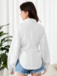 SHEIN 少女白色修身衬衫，弧形下摆，刺绣，学院风衬衫，百搭百搭衬衫，适合青少年 - 白色 - 查看 2