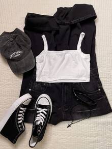 Slaydiva 女士休闲简约粗肩带吊带背心，短款，适合夏季