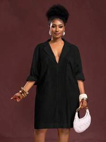 Slaydiva Vestido camisero de unicolor versátil y casual de talla grande - Negro - Ver 4