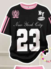 SHEIN 2pcs/Set Tween Girls' Casual "New York" Number 23 Striped Graphic Loose Fit Short Sleeve T-Shirt And Flared Pants Summer Outfit