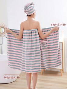 SHEIN 女士条纹柔软舒适浴袍/浴帽两件套 - 藕粉條紋 - 查看 5